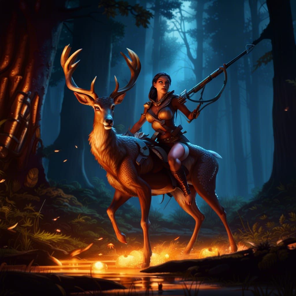 Anthro Woman Deer Hunting in Dark Forest