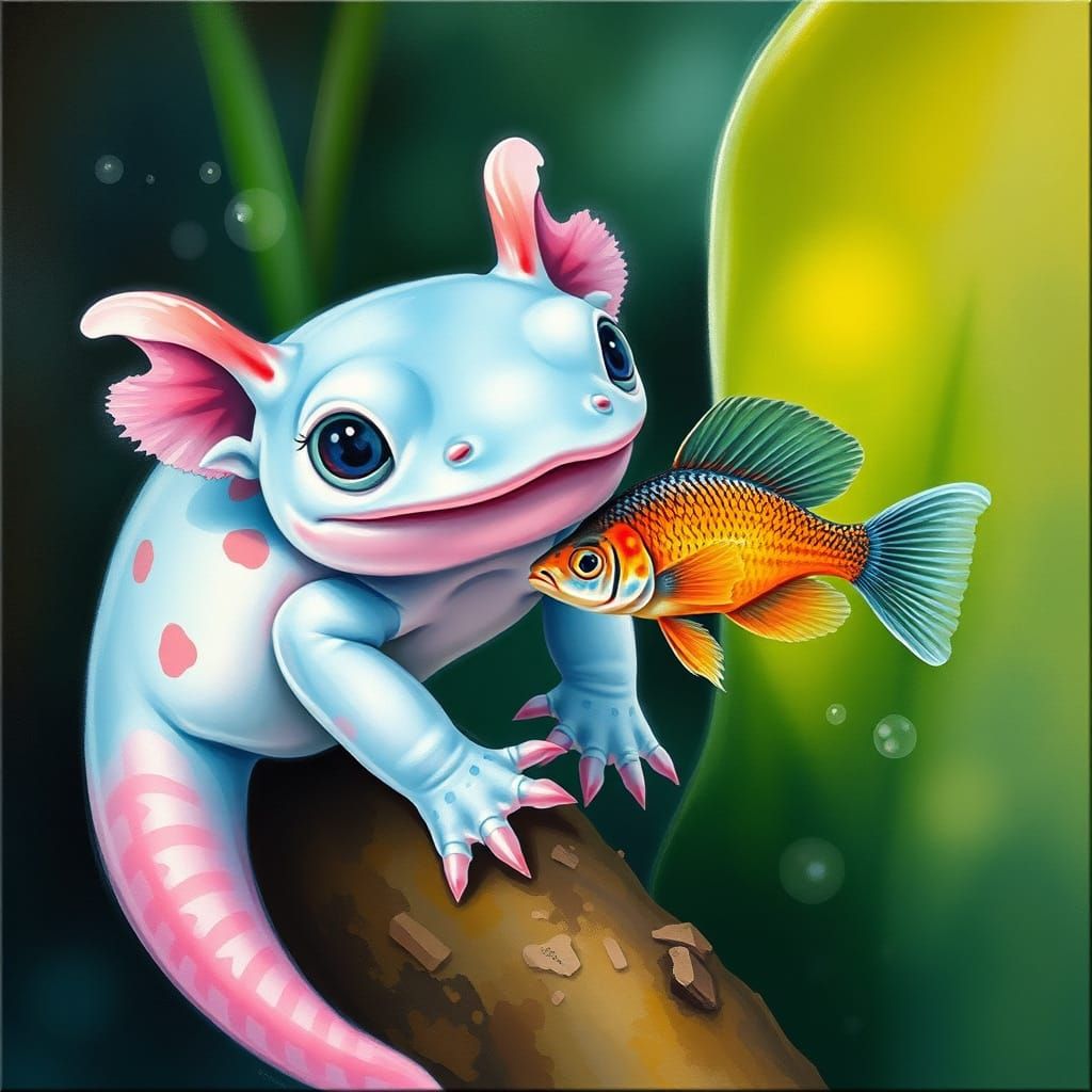 Exotic Rainforest Lake Scene in Vibrant Gouache