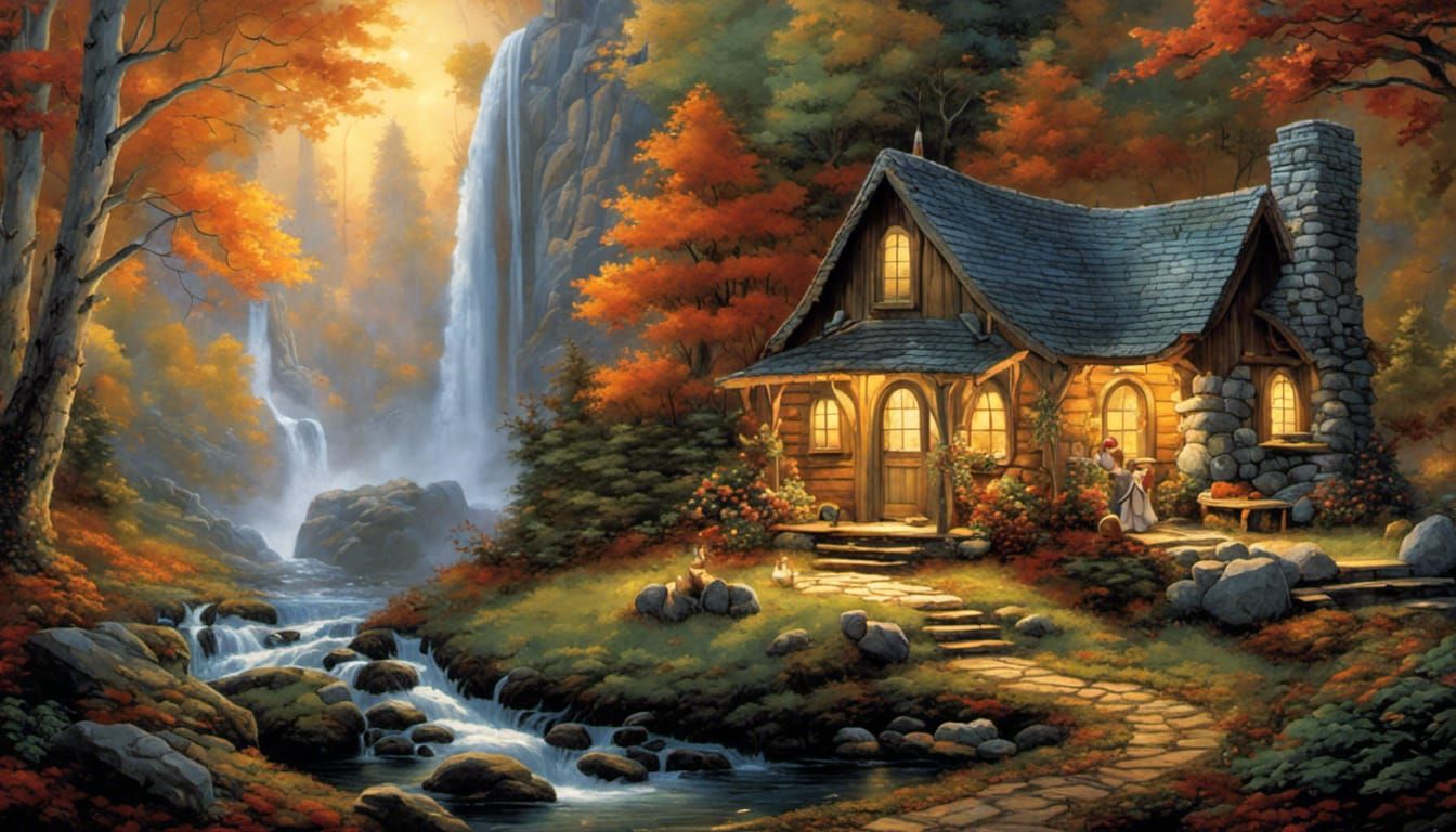 Cozy Cabin in Woods with Waterfall and Animals