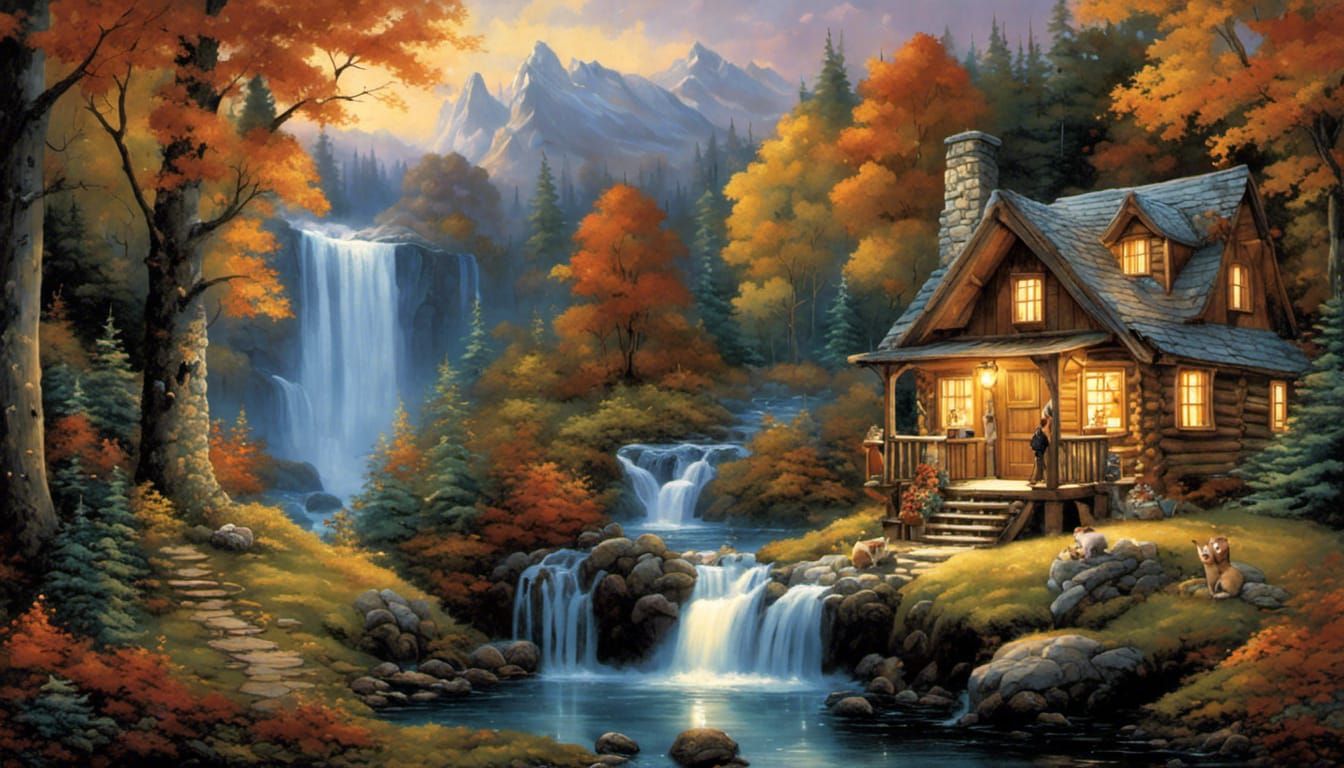 Enchanted Cabin: Autumn Meets Winter Under Galaxy Arch