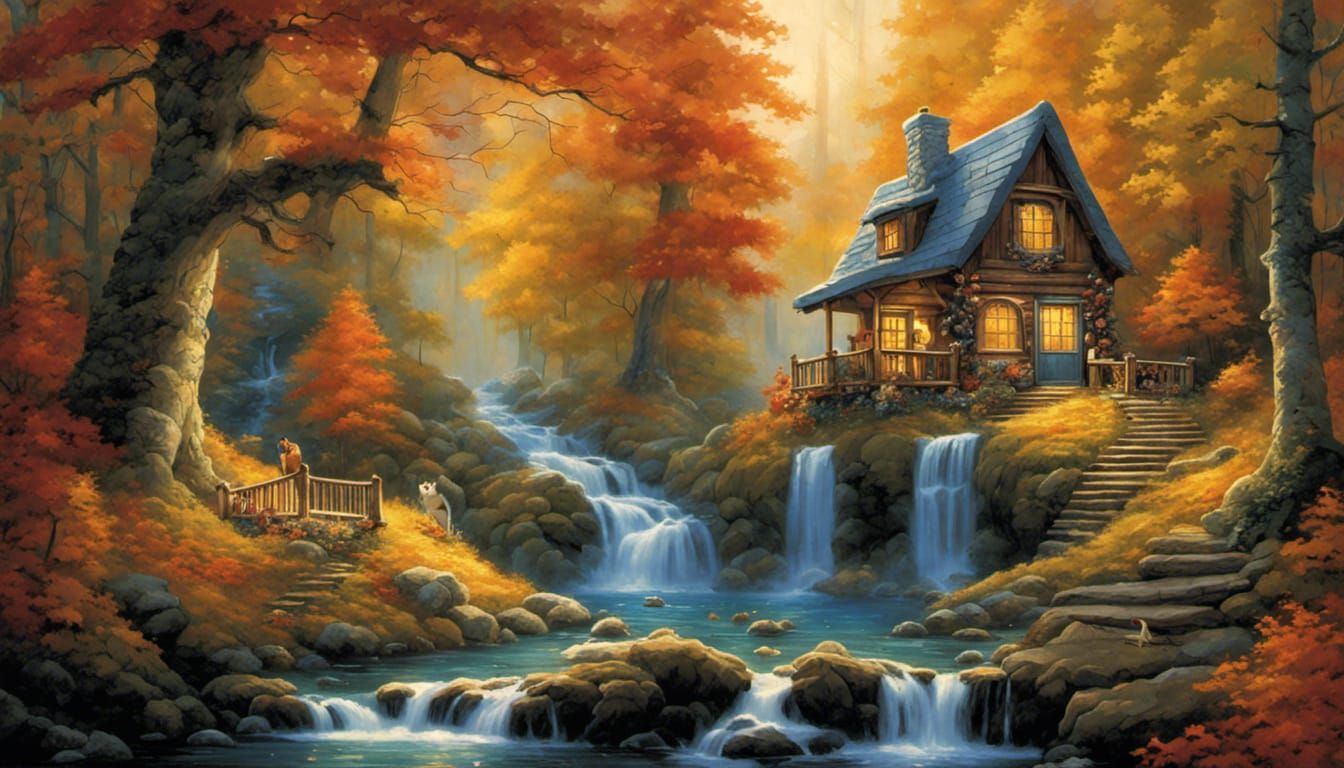 Cozy Cabin by Waterfall with Forest Animals