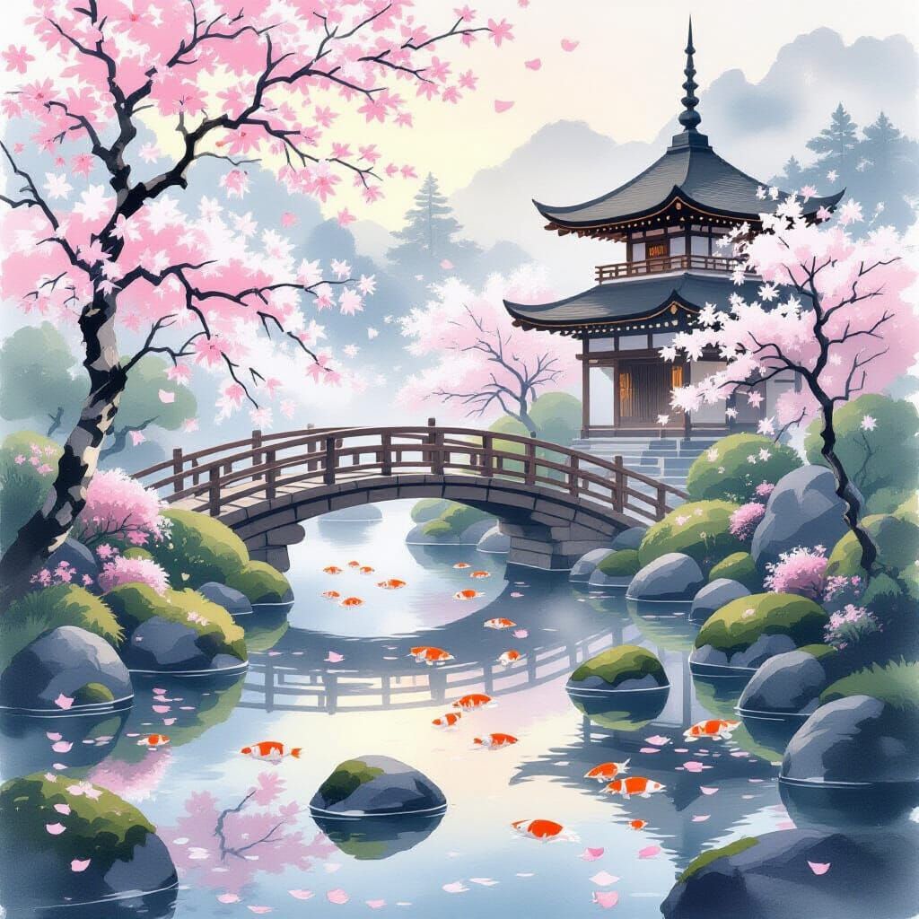 Tranquil Japanese Garden at Dawn in Ink Wash Style