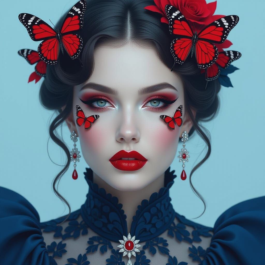 Dramatic Portrait of Woman with Butterflies in Fantasy Style