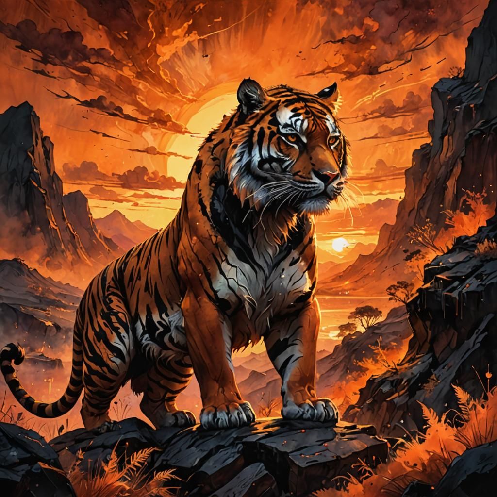 Fiery Tiger Silhouette in Duochromatic Orange Landscape