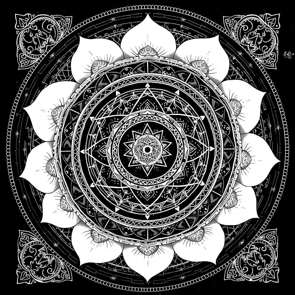 tara yantra triangle with bindu dot  within 8 petaled lotus flower black ink on paper sanskrit