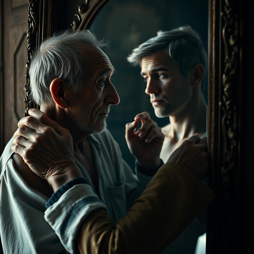 Mirror Reflection: Old Man Sees Youth, Photorealistic