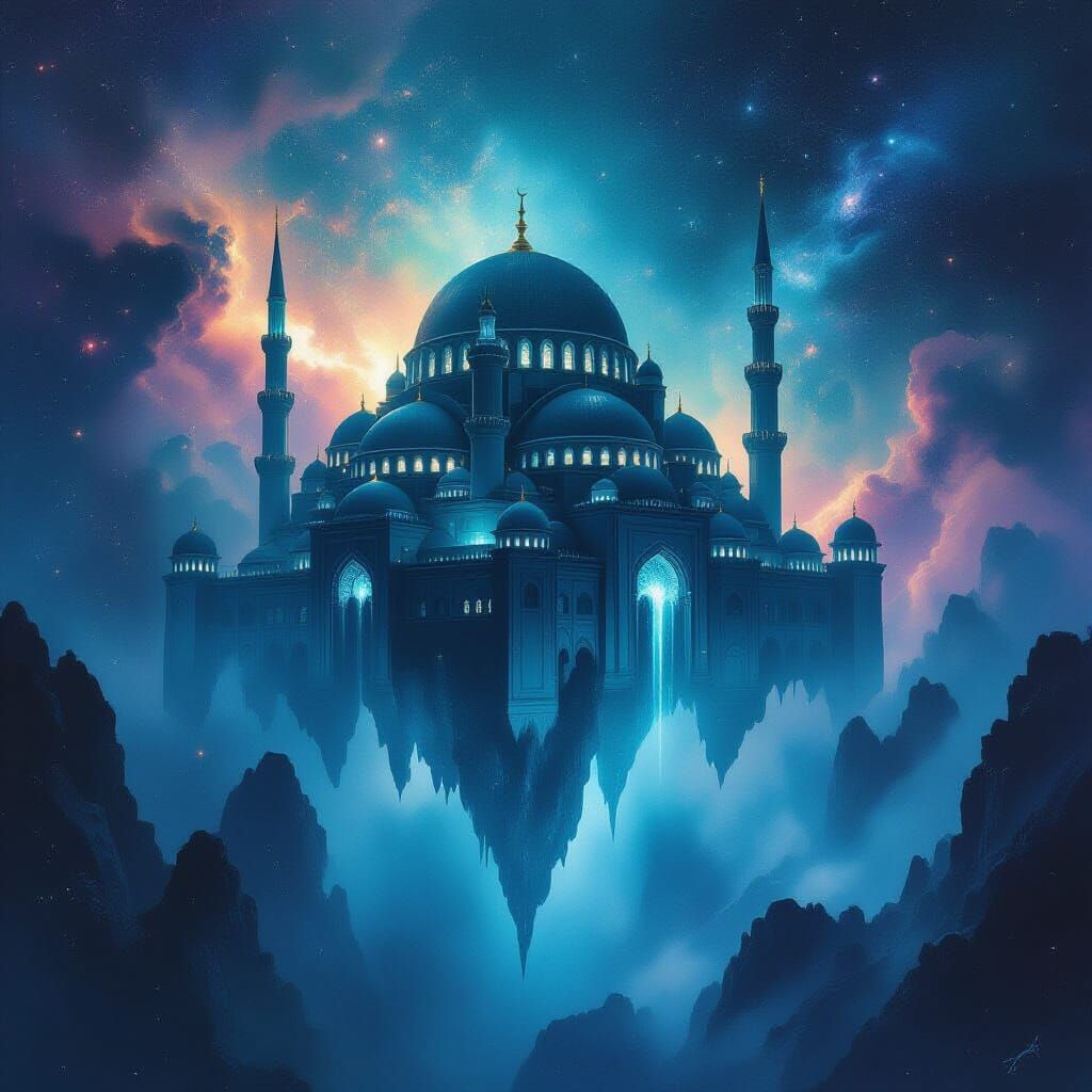 Floating Obsidian Mosque in Cosmic Nebula, Ethereal Watercol...