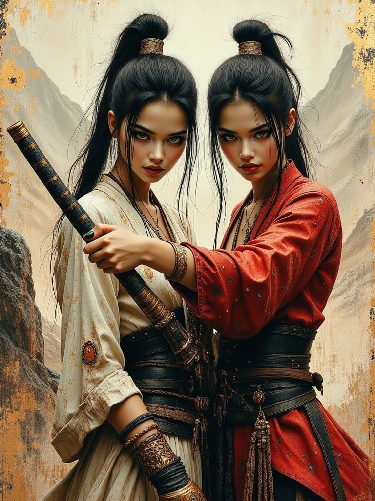 Ethereal Warrior Goddesses in Dramatic Oil Painting