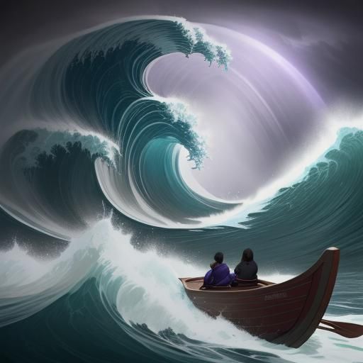 Canoe vs Tsunami in Hokusai-Style Electric Sea Storm