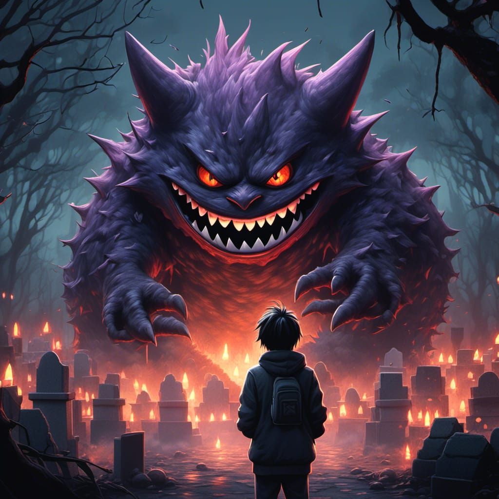 Anime Gengar Portrait in Misty Graveyard