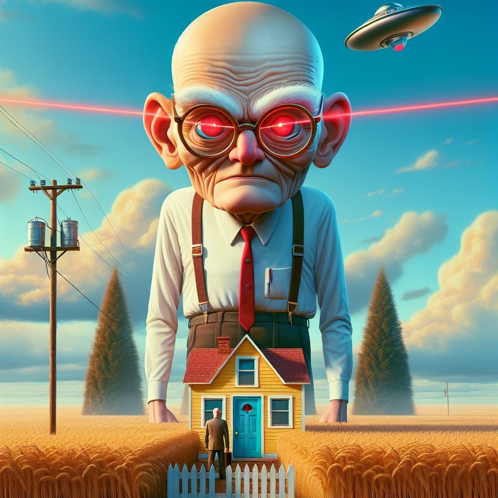 Surreal Digital Art: Elderly Man with Laser Eyes and UFO