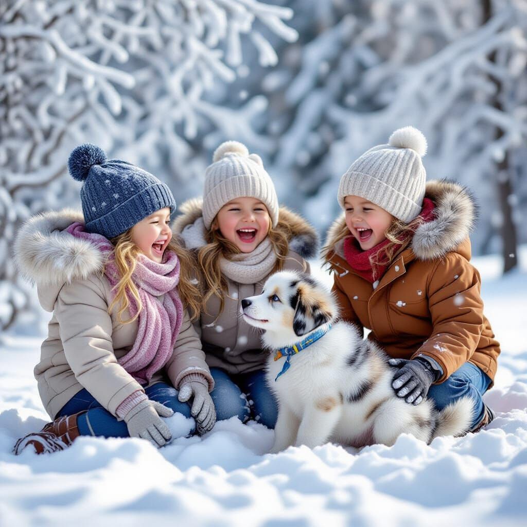 Children's Joy: First Snowfall with Puppy