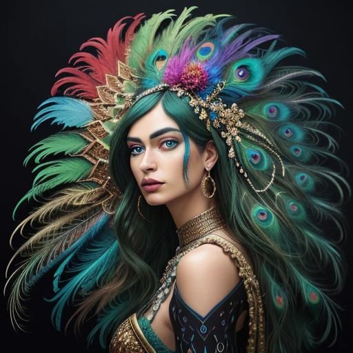 Iridescent Woman with Peacock Feathers in Abstract Expressio...