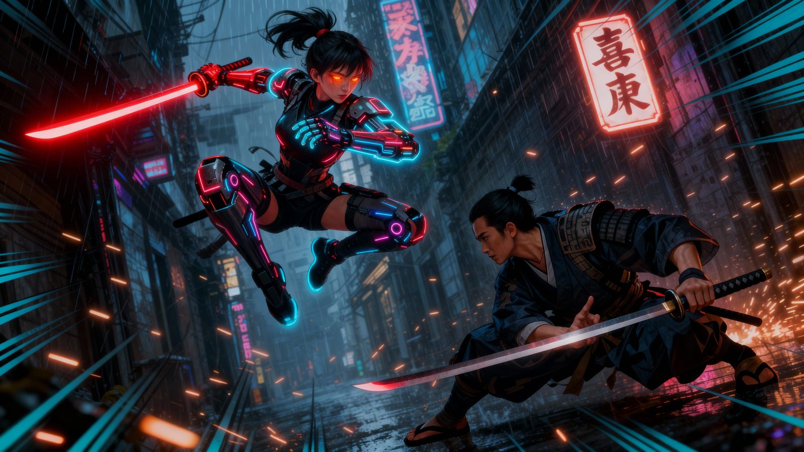 Cyberpunk Samurai Clash in Neon Alley