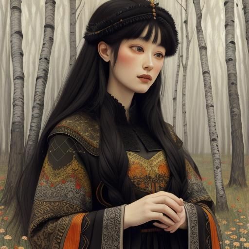 Girl in Birch Forest: Charcoal and Ink Drawing