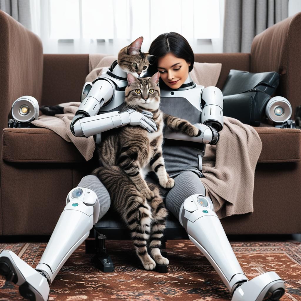 Sci-Fi: Cat Cuddled by Female Robots