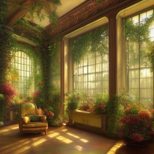 Sunlit Sunroom with Lush Plants, Hyperdetailed Digital Art