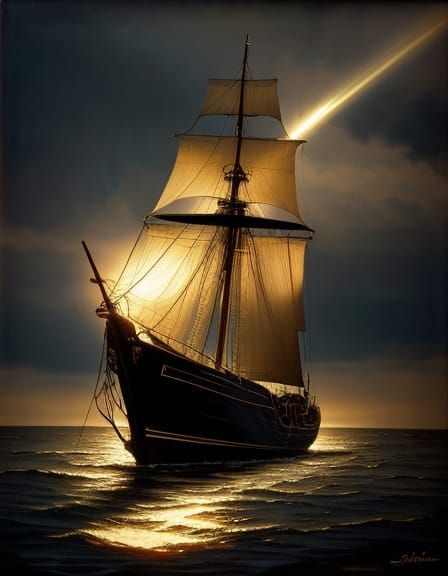Steampunk Sailboat with Aurora, Oil Painting