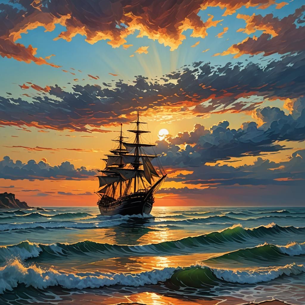 Impressionistic Sunset Over Ocean with Ship