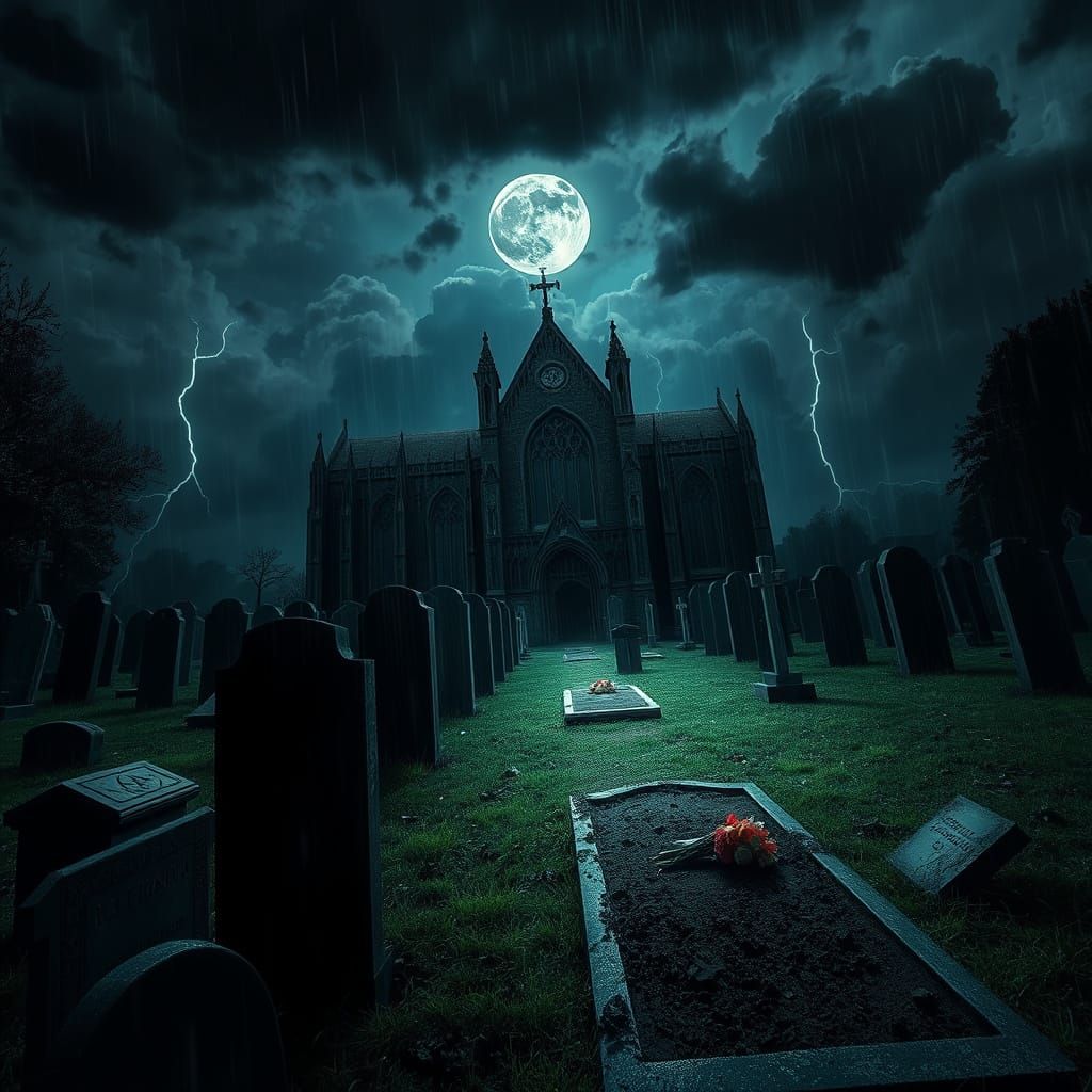 Gothic Church at Night: Hyper-Realistic Aerial View