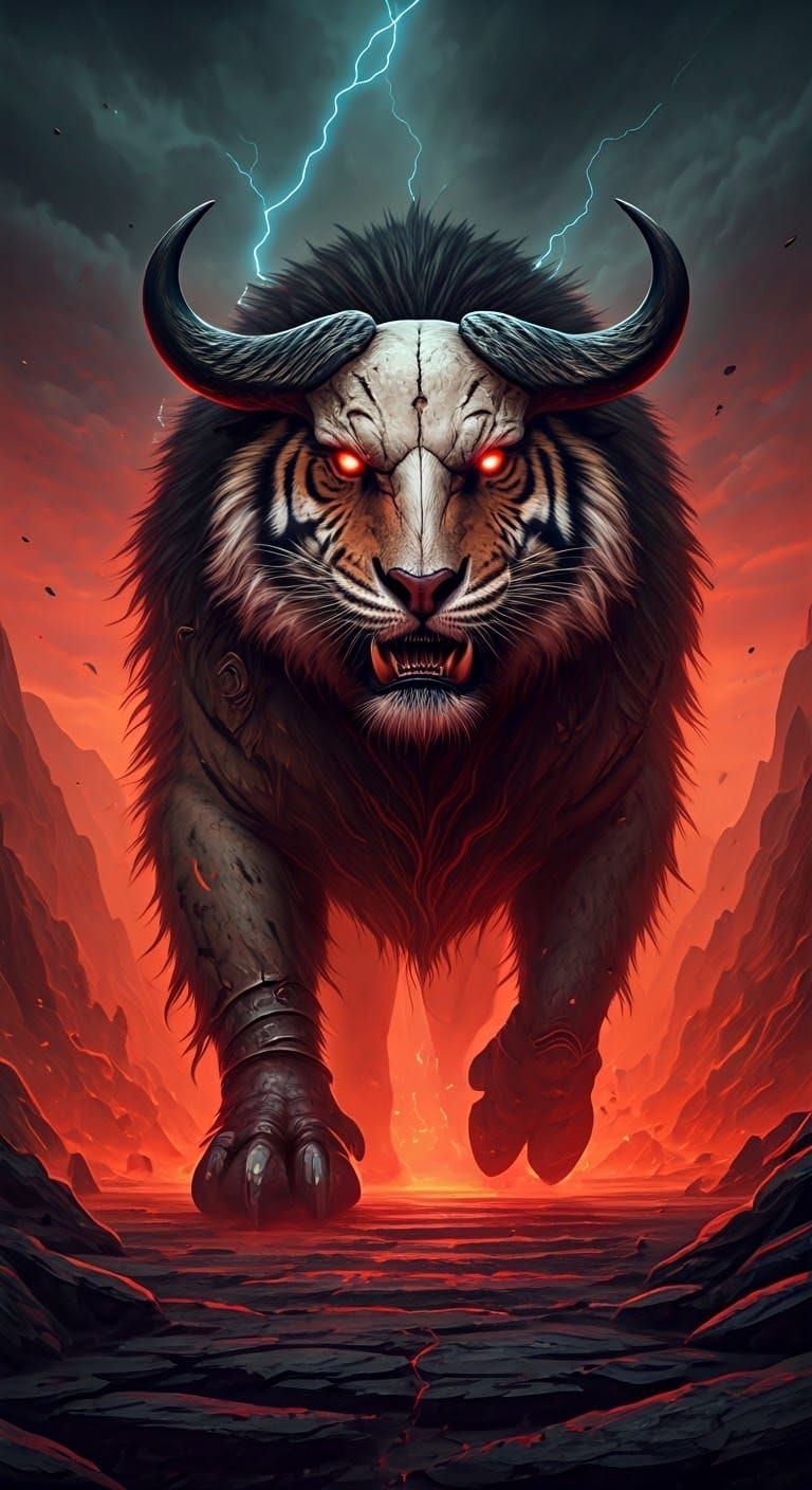 Demonic Tiger-Buffalo Hybrid in a Hellish Landscape