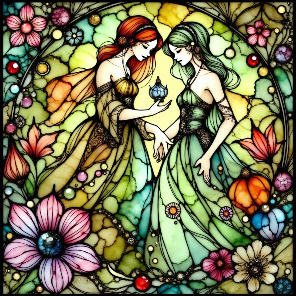 Whimsical Stained Glass Elves in a Fantastical Forest