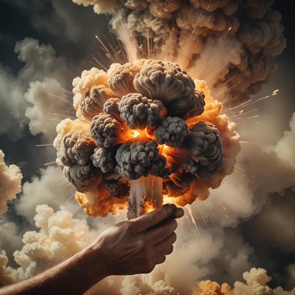 Hand Cradling Atomic Explosion: Cinematic Film Still