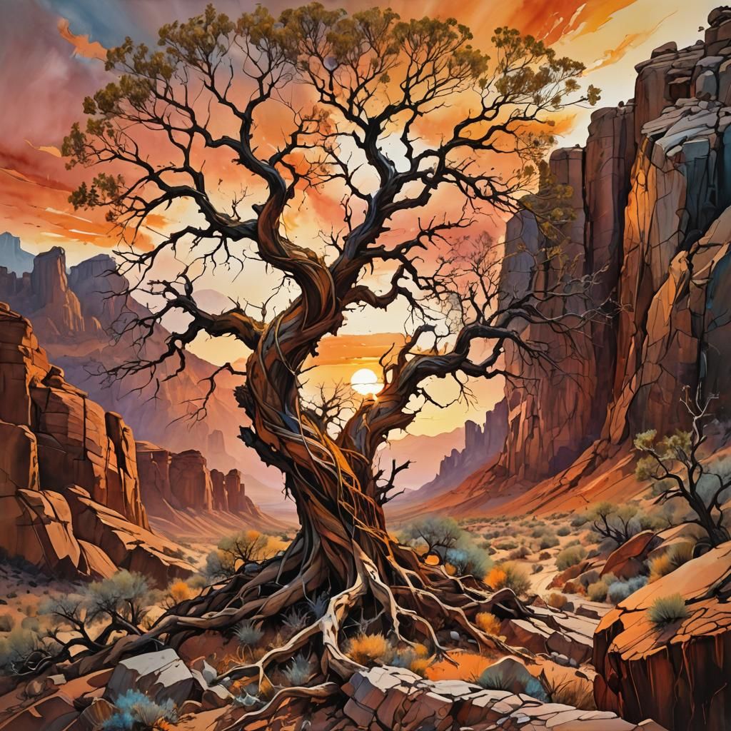Vibrant Desert Tree with Golden Accents