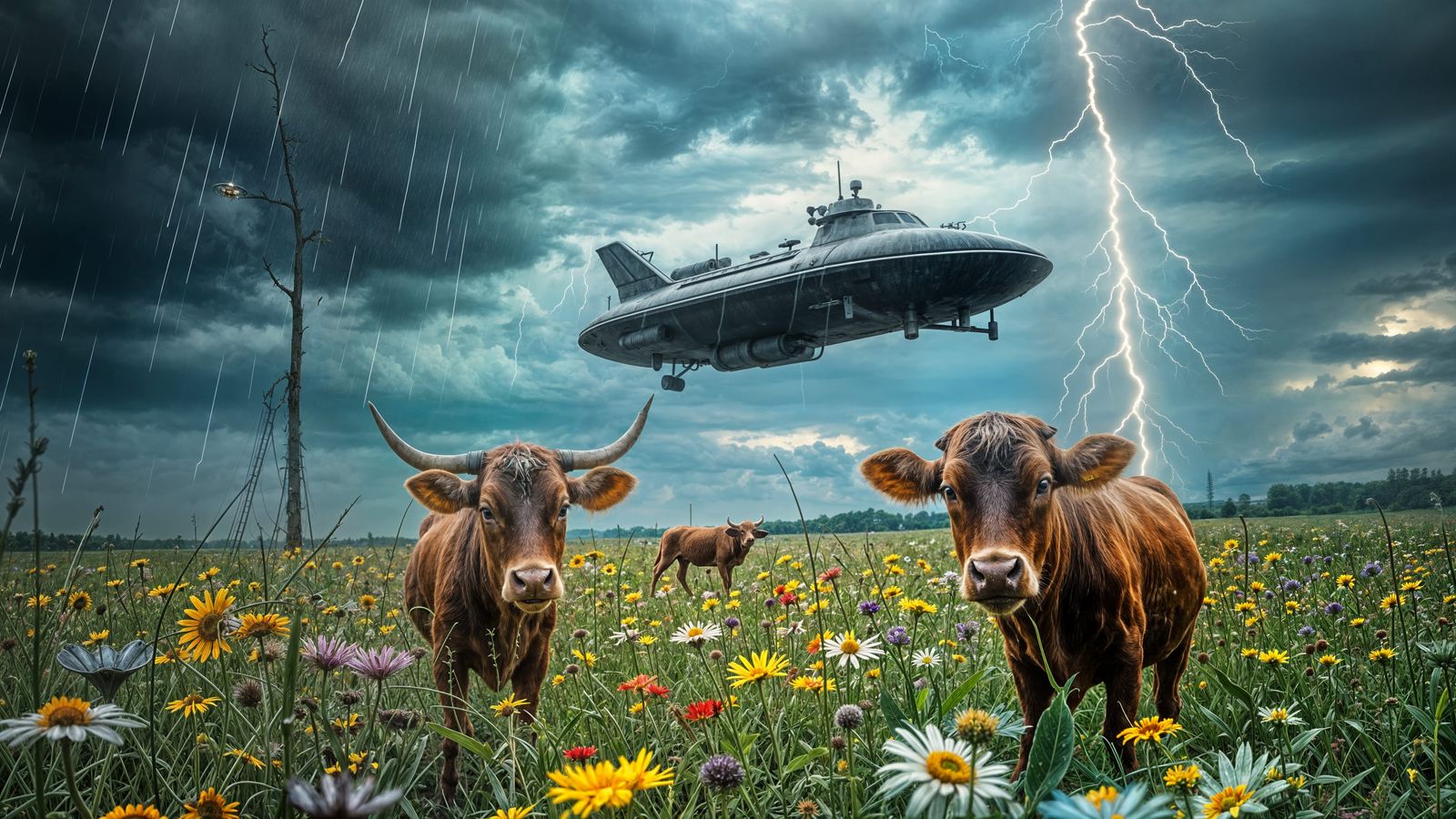 Steampunk Aliens Encounter Cow in Rainy Field