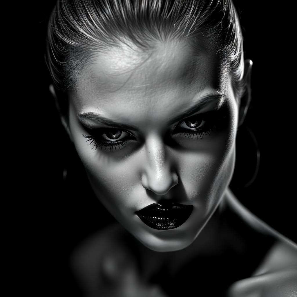 A black-and-white close-up portrait of a woman with tightly pulled-back hair, bold eyeliner, and dark lipstick, lit with...