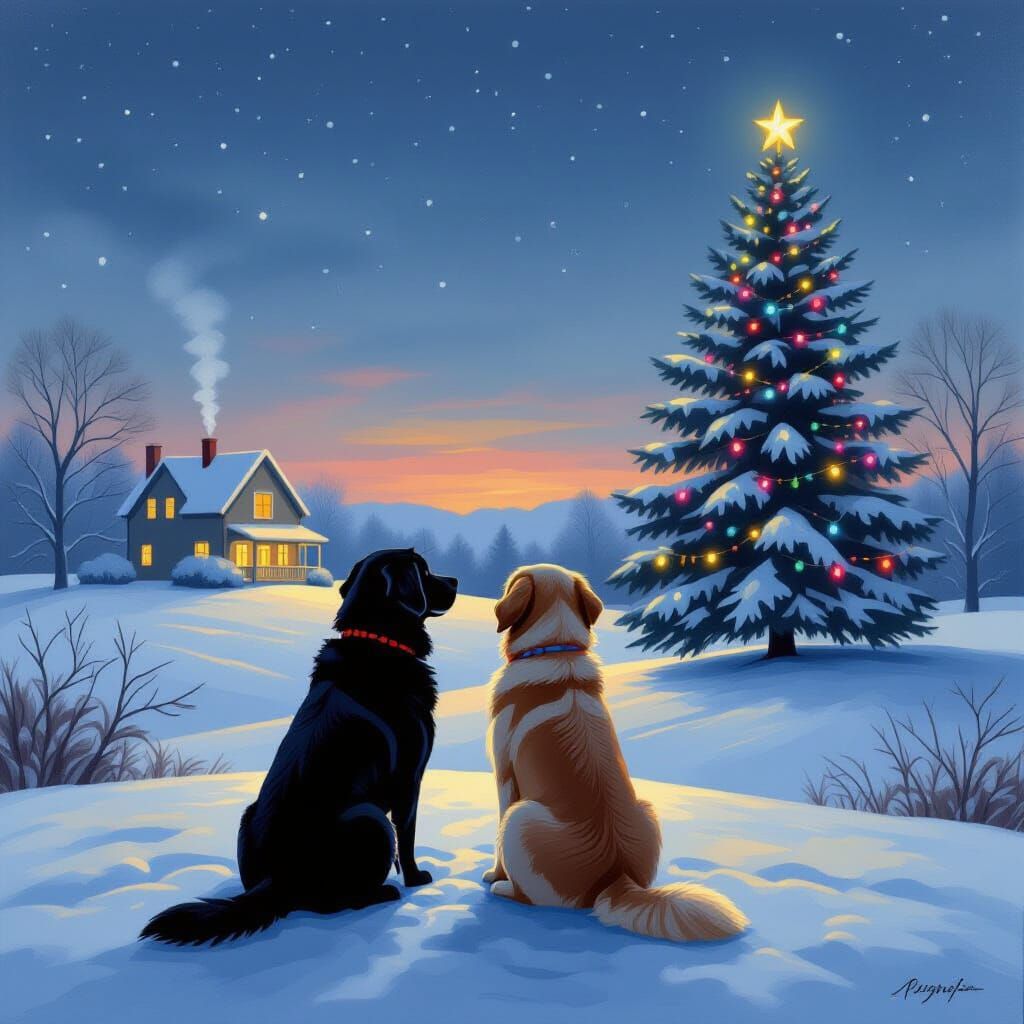 Labradors Admire Glowing Farmhouse Under Twilight Sky