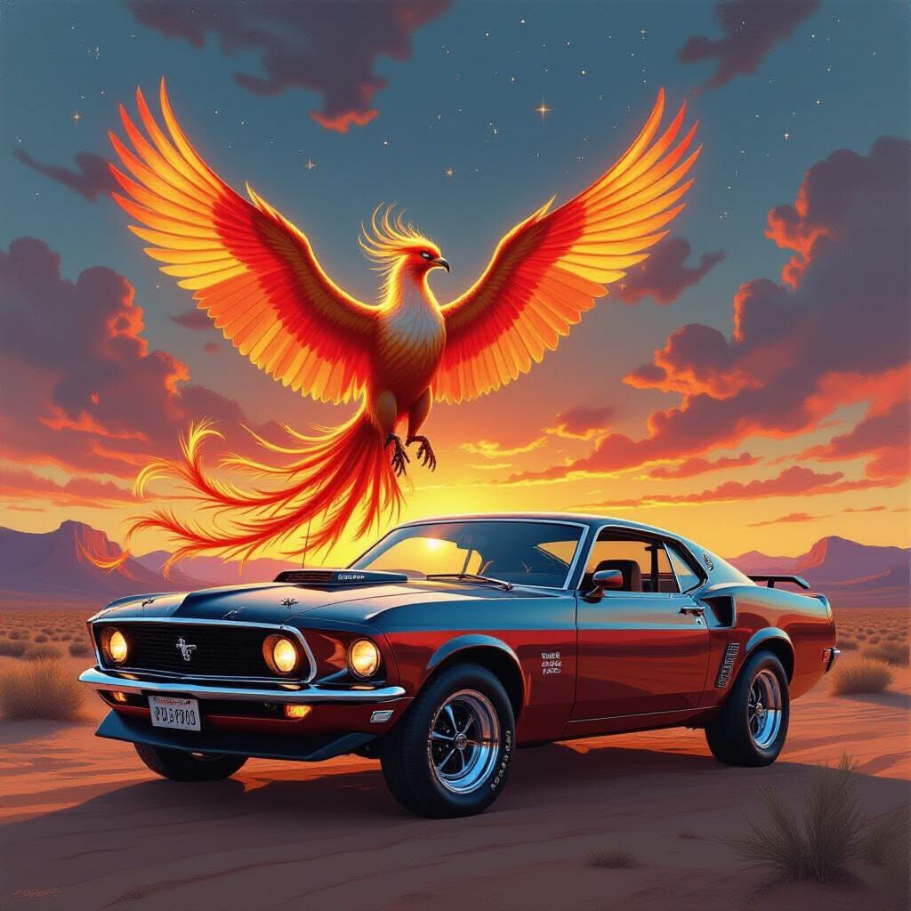 Majestic Phoenix on 1969 Mustang in Fiery Desert Sunset Oil ...
