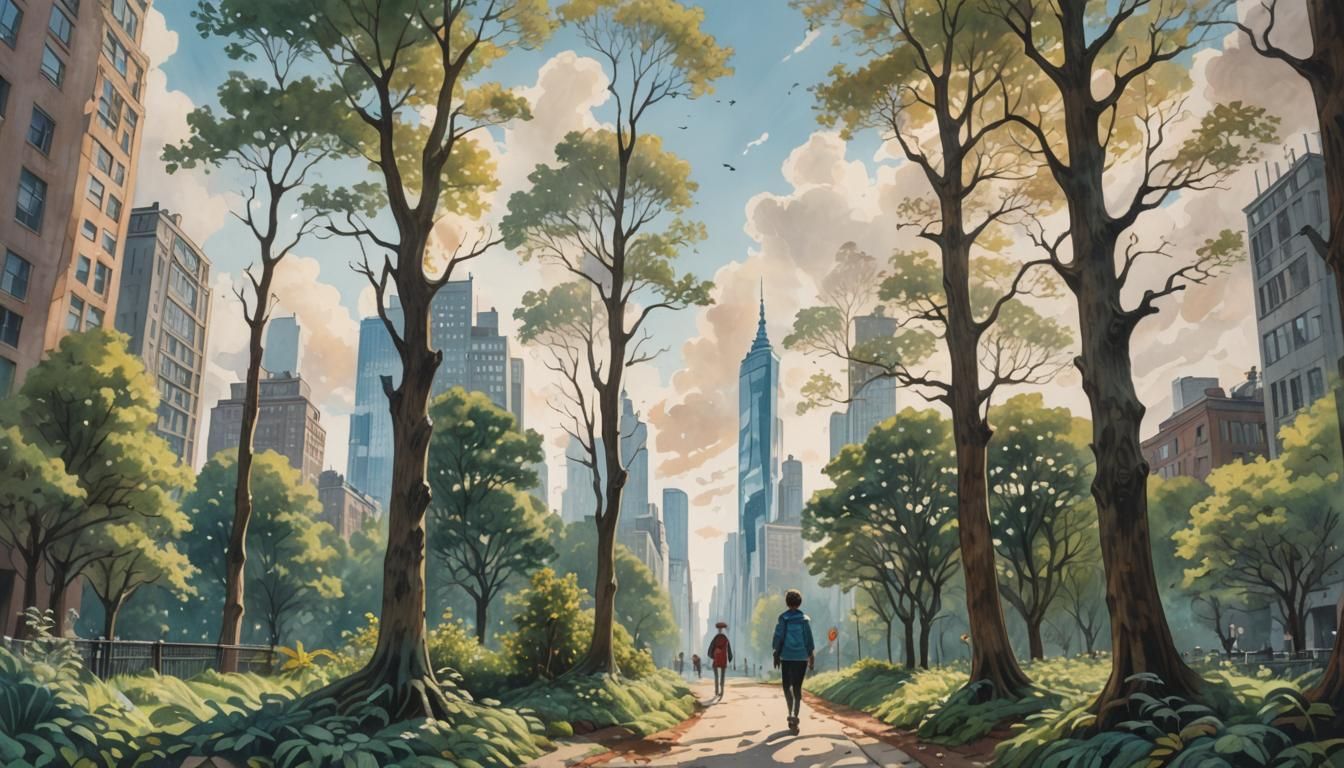 Pastel City with Towering Skyscrapers, Gouache Painting