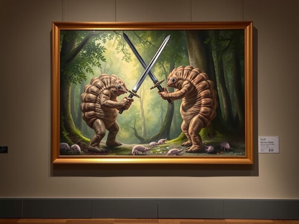 Saber Duel Between Anthropomorphic Tardigrades Oil Painting