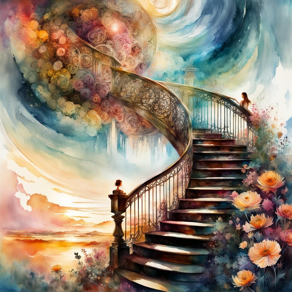 Watercolor Stairway to Heaven with Double Exposure