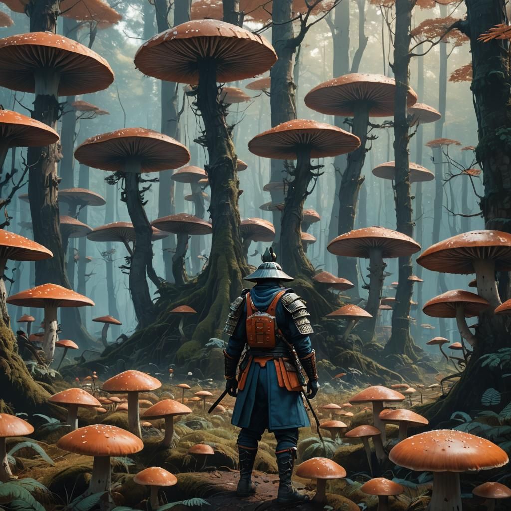 Samurai in Giant Mushroom Forest: Fantasy Concept Art