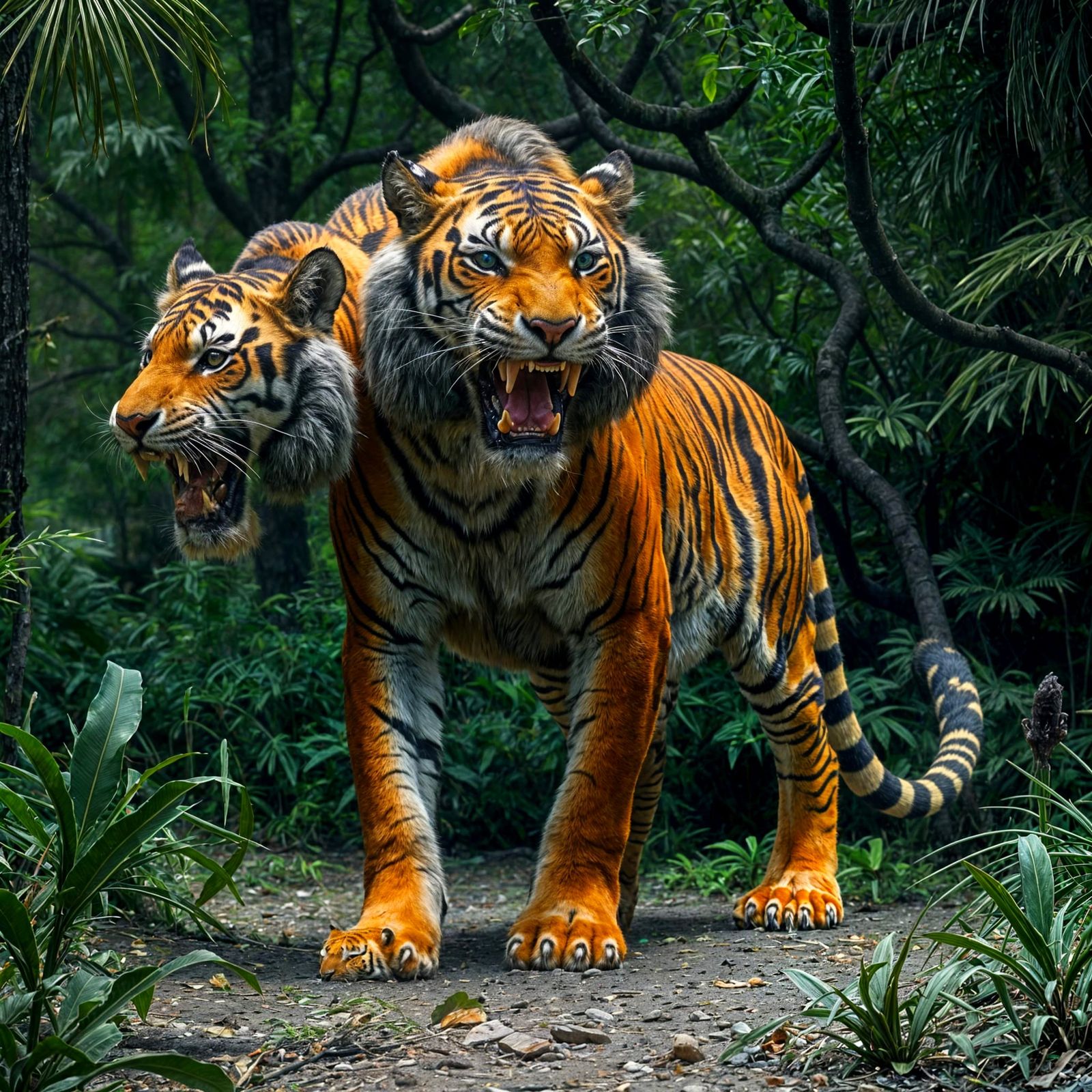 Cinematic Tiger-Headed Cerberus in a Haunting Jungle