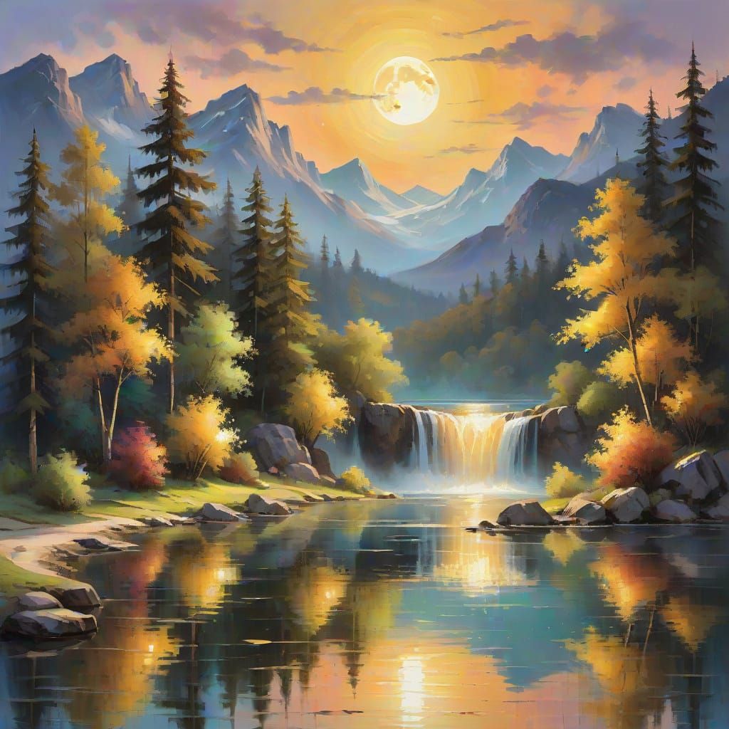 Impressionistic Waterfall Landscape with Moonlight Reflectio...