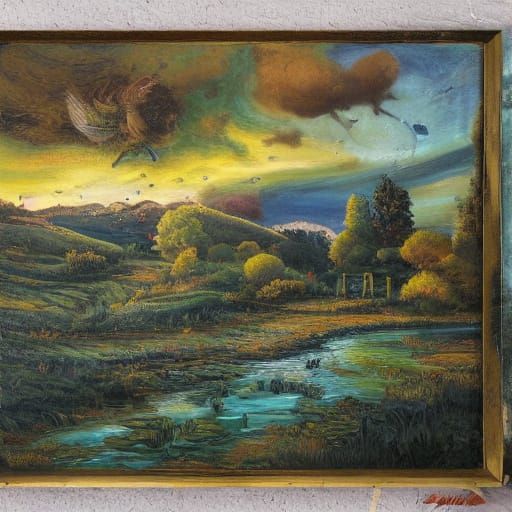 Golden Hour Farm: Grotesque Oil Painting Masterpiece