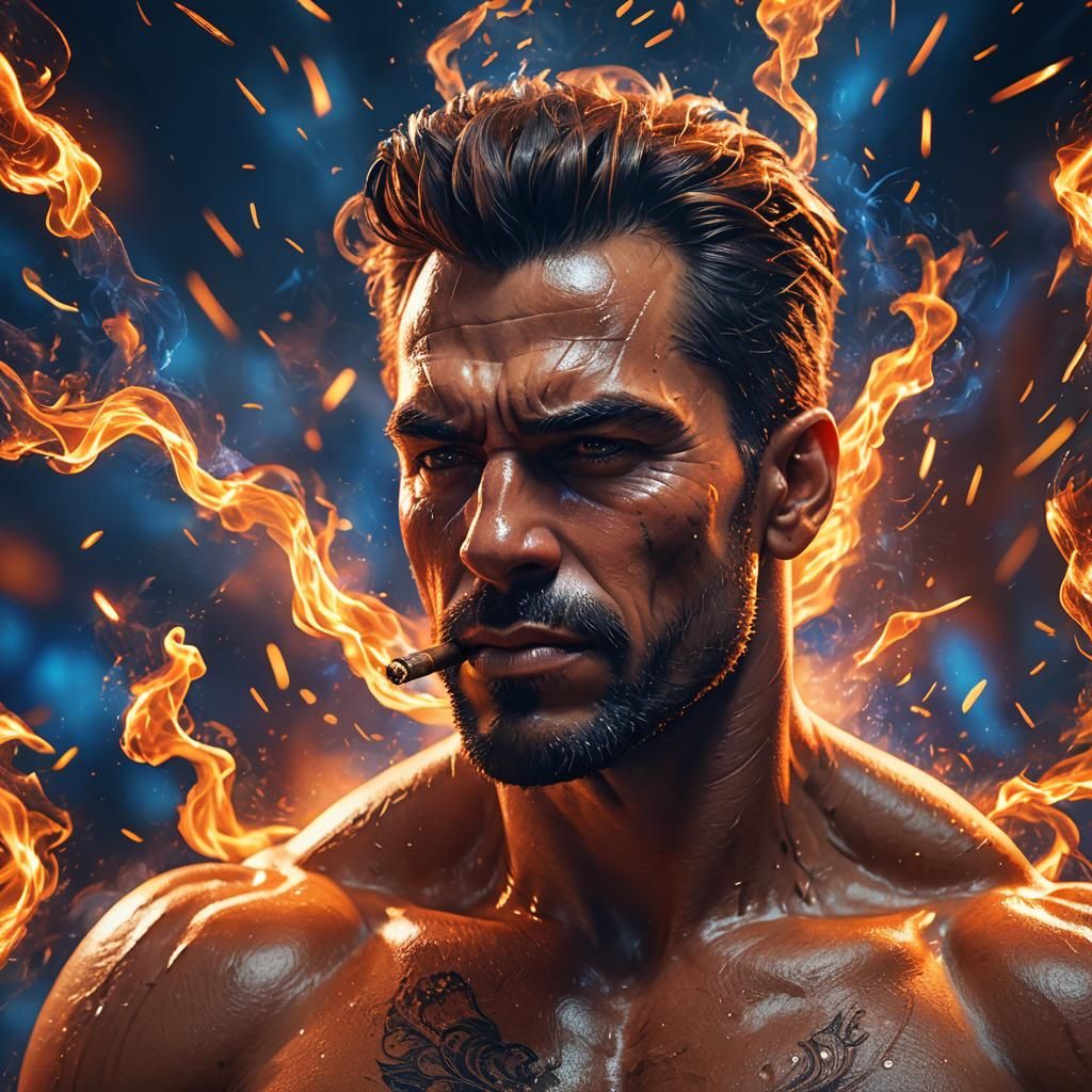 Intense Man Smoking Cigar in Hyperrealistic Digital Art
