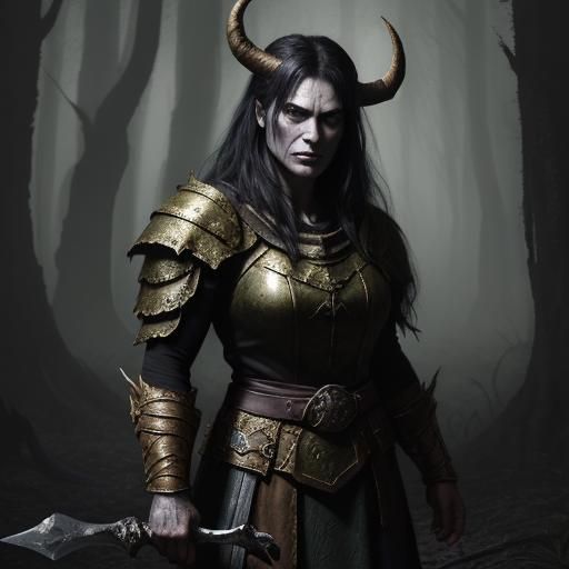 Fierce Barbarian Woman in Dark Forest, Impasto Painting