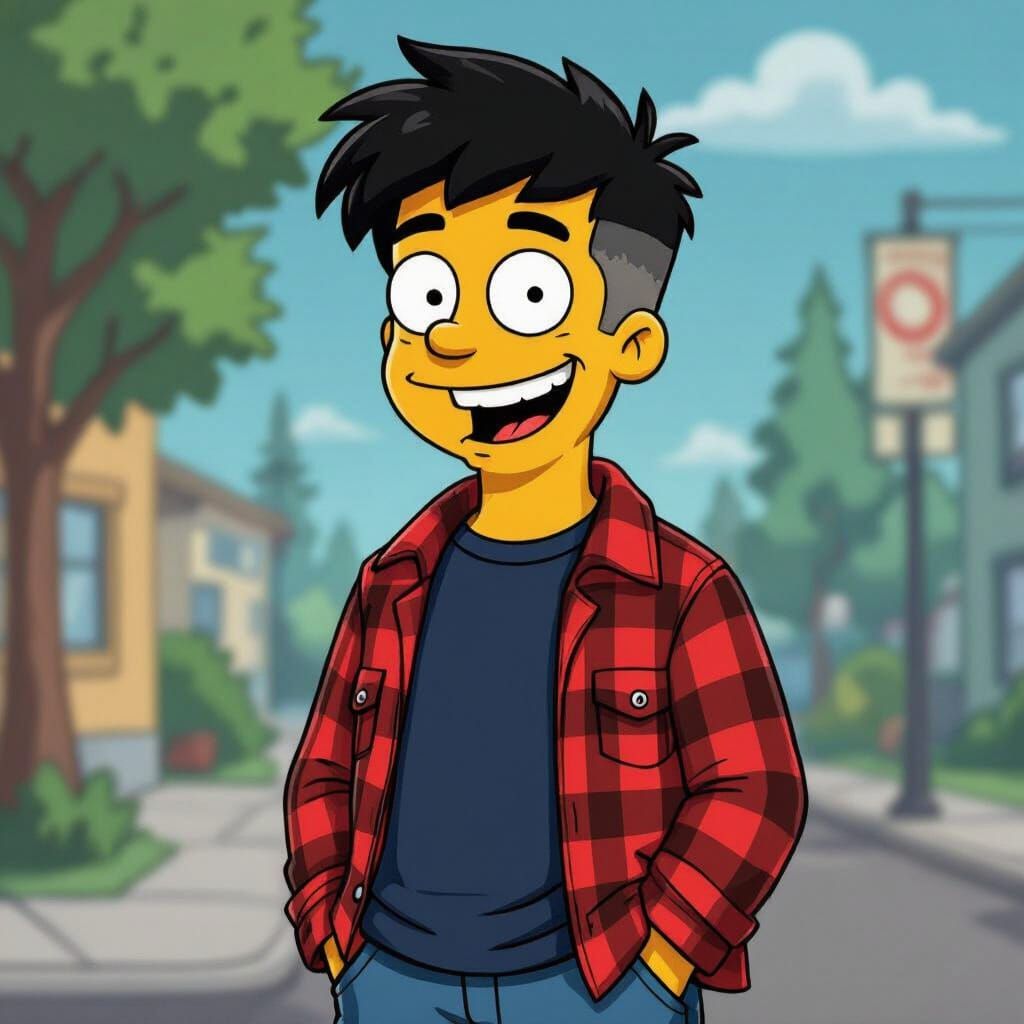 Simpsons Style Teenager with Faded Hair and Flannel Jacket