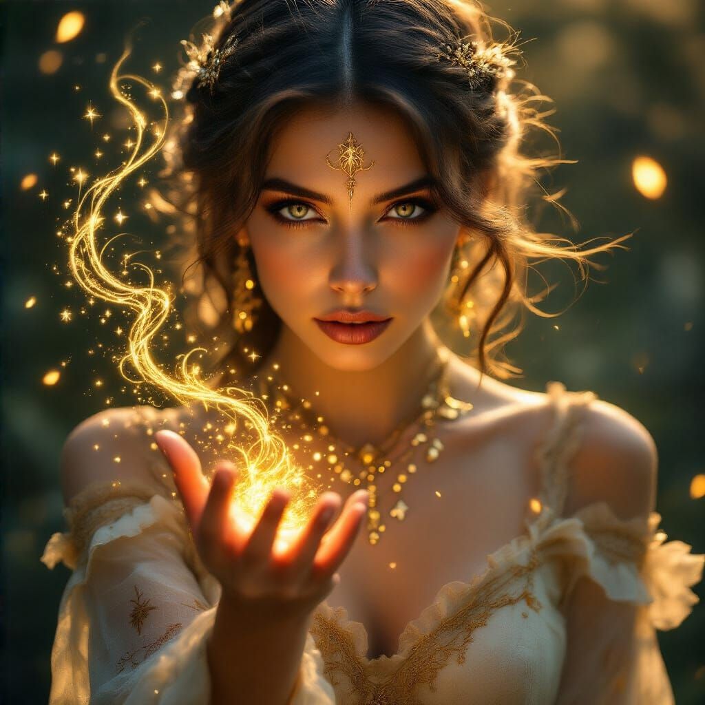 Stylish Woman Emits Golden Magic in Fashion Editorial