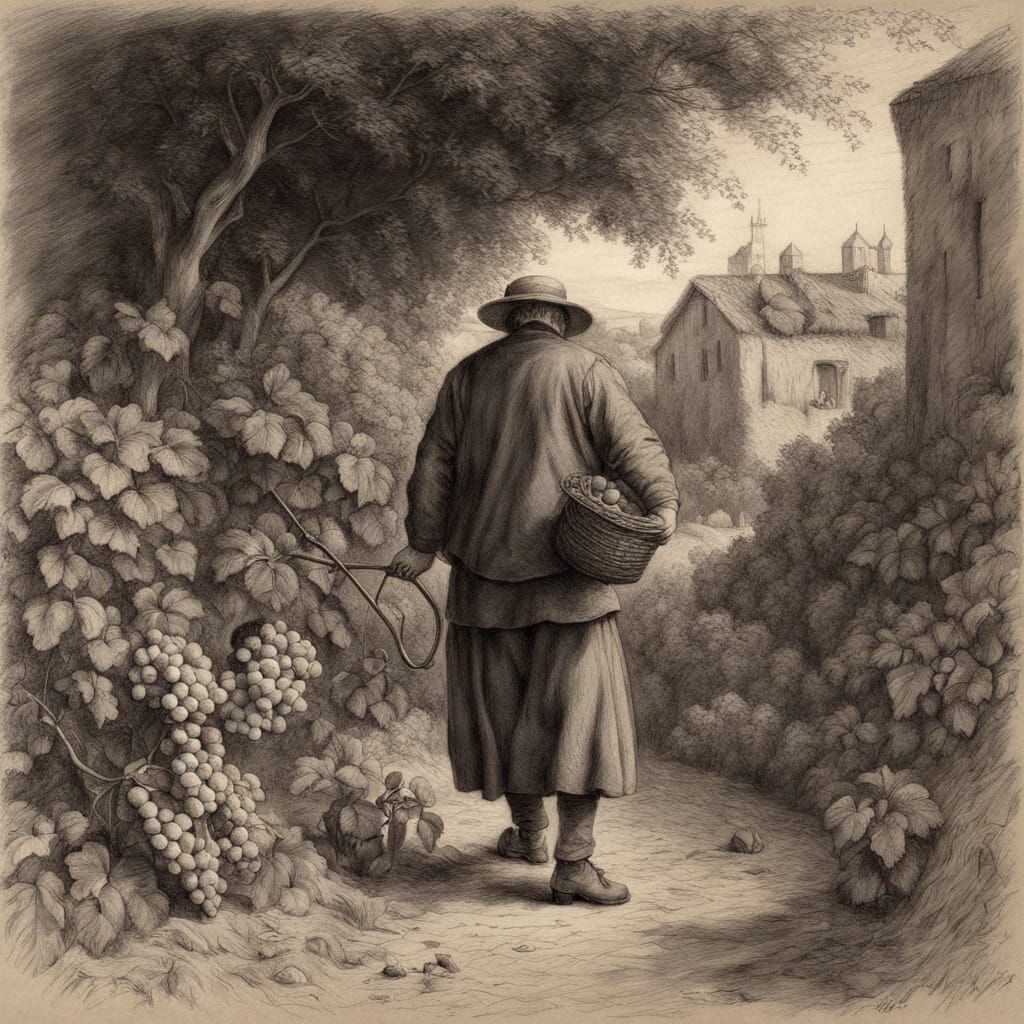 Hyperrealistic Farmer Plucks a Grape in Warm Light