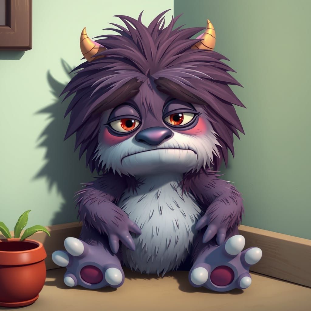 CGI Cartoon: Sulky Hairy Monster in Time Out
