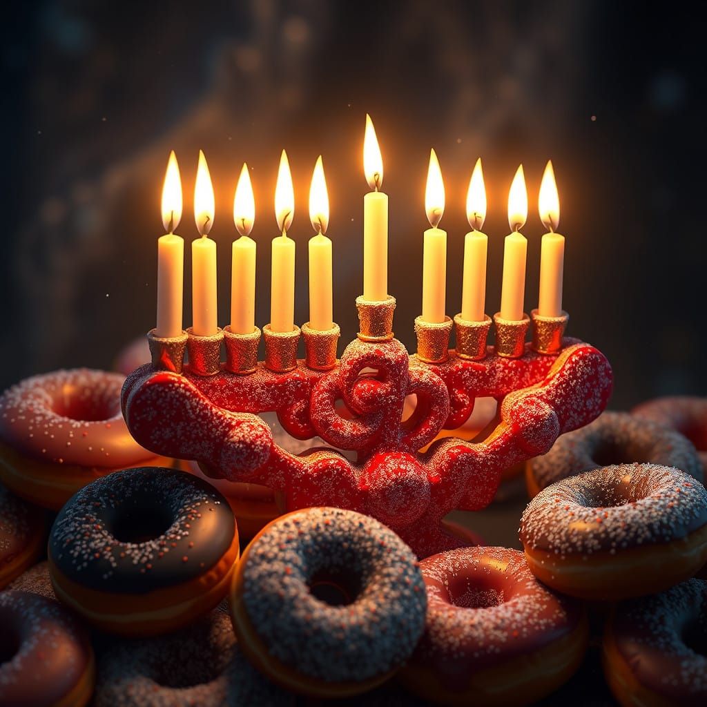 Surreal Donut Menorah Glows in Fantastical Winter Scene