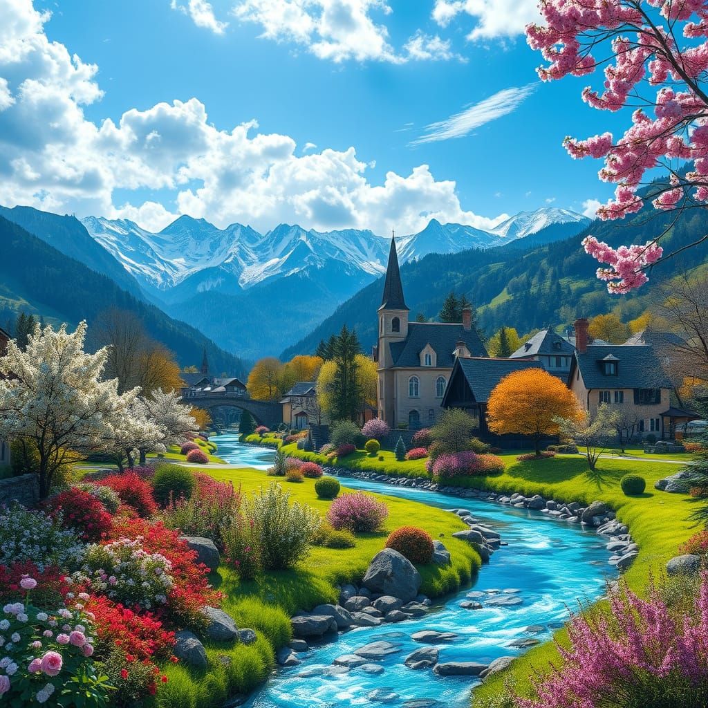 Imagine a peaceful springtime village nestled in a valley, surrounded by lush gardens and blooming trees. A crystal-clea...
