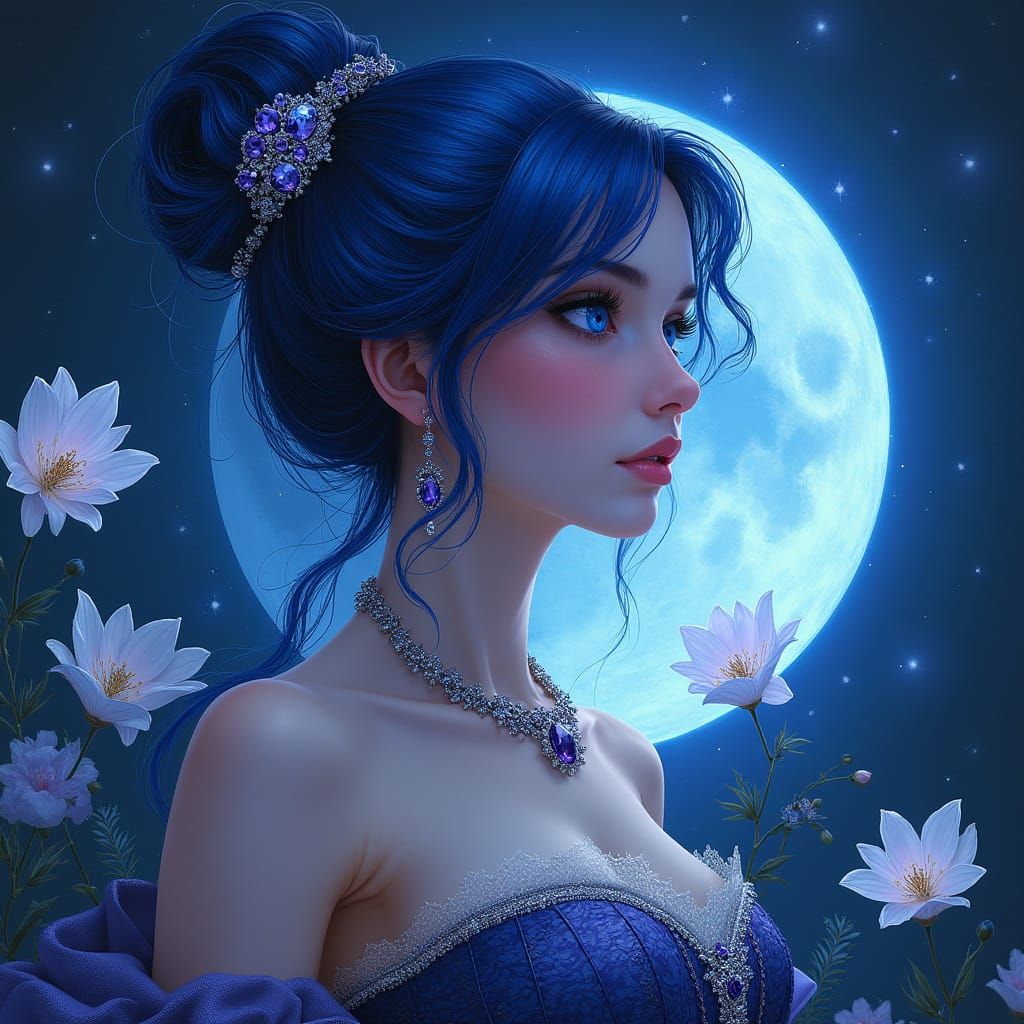 Mystical Blue-Haired Woman in Elaborate Headdress and Jewels
