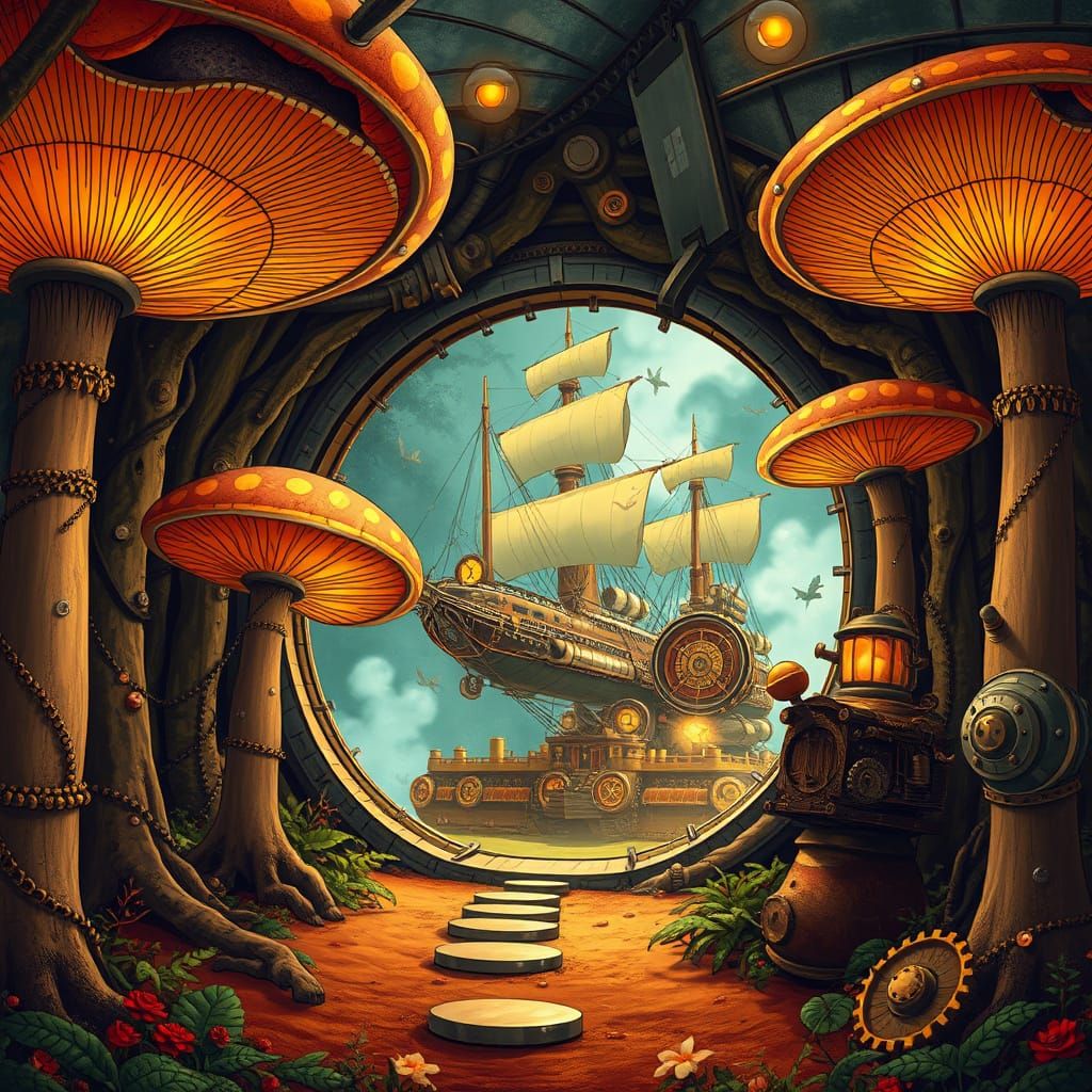 Steampunk Airship Portal Amidst Glowing Mushrooms