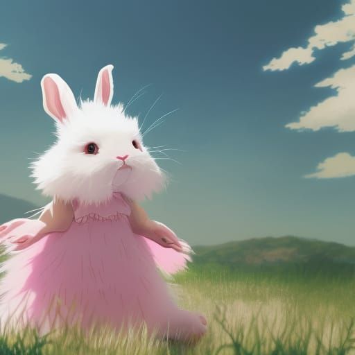 Albino Bunny in Pink Dress: Studio Ghibli Anime